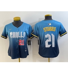 Women Philadelphia Phillies 21 Garrett Stubbs Blue 2024 City Connect Limited Stitched Jersey Women Philadelphia Phillies 21 Garrett Stubbs Blue 2024 City Connect Limited Stitched Jersey