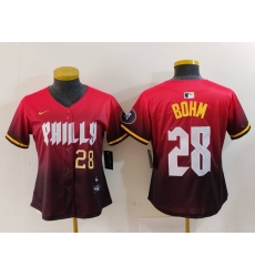Women Philadelphia Phillies 28 Alec Bohm Red 2024 City Connect Limited Stitched Baseball Jersey 5 Women Philadelphia Phillies 28 Alec Bohm Red 2024 City Connect Limited Stitched Baseball Jersey 5