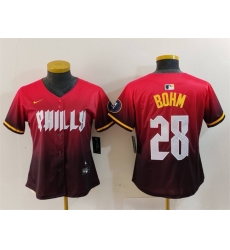 Women Philadelphia Phillies 28 Alec Bohm Red 2024 City Connect Limited Stitched Baseball Jersey Women Philadelphia Phillies 28 Alec Bohm Red 2024 City Connect Limited Stitched Baseball Jersey