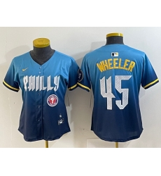 Women Philadelphia Phillies 45 Zack Wheeler Blue 2024 City Connect Limited Stitched Baseball Jersey 1 Women Philadelphia Phillies 45 Zack Wheeler Blue 2024 City Connect Limited Stitched Baseball Jersey 1