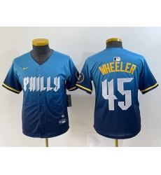 Youth Philadelphia Phillies 45 Zack Wheeler Blue 2024 City Connect Limited Stitched Baseball Jersey 6 Youth Philadelphia Phillies 45 Zack Wheeler Blue 2024 City Connect Limited Stitched Baseball Jersey 6