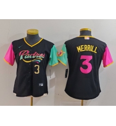 Women San Diego Padres 3 Jackson Merrill Black City Connect Stitched Baseball Jersey 1 Women San Diego Padres 3 Jackson Merrill Black City Connect Stitched Baseball Jersey 1
