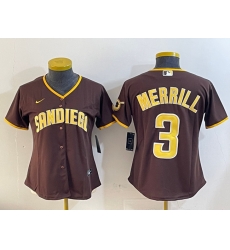 Women San Diego Padres 3 Jackson Merrill Brown Stitched Baseball Jersey Women San Diego Padres 3 Jackson Merrill Brown Stitched Baseball Jersey
