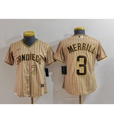 Women San Diego Padres 3 Jackson Merrill Tan Stitched Baseball Jersey 2 Women San Diego Padres 3 Jackson Merrill Tan Stitched Baseball Jersey 2