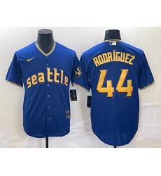 Men's Seattle Mariners #44 Julio Rodriguez Blue 2023 City Connect Cool Base Stitched Jersey Men's Seattle Mariners #44 Julio Rodriguez Blue 2023 City Connect Cool Base Stitched Jersey