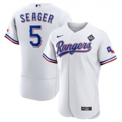 Men Texas Rangers 5 Corey Seager White 2023 World Series Flex Base Stitched Baseball Jersey