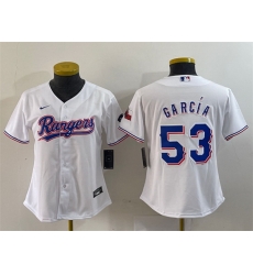 Women Texas Rangers 53 Adolis Garc EDa White With Patch Stitched Baseball Jersey 28Run Small 29 Women Texas Rangers 53 Adolis Garc EDa White With Patch Stitched Baseball Jersey 28Run Small 29