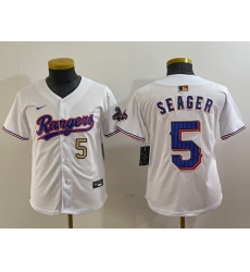 Youth Texas Rangers 5 Corey Seager White Gold Stitched Baseball Jersey 1 Youth Texas Rangers 5 Corey Seager White Gold Stitched Baseball Jersey 1