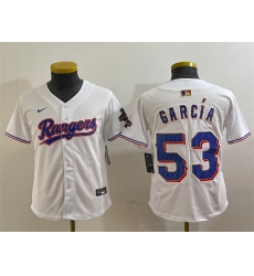 Youth Texas Rangers 53 Adolis Garcia White Gold Stitched Baseball Jersey Youth Texas Rangers 53 Adolis Garcia White Gold Stitched Baseball Jersey