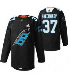 Men Carolina Hurricanes 37 Andrei Svechnikov 2022 Black Warm Up Stitched Jersey Men Carolina Hurricanes 37 Andrei Svechnikov 2022 Black Warm Up Stitched Jersey