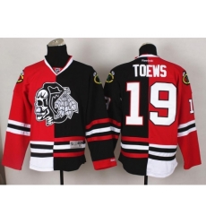 Chicago Blackhawks 19 Jonathan Toews White Skull Logo Fashion Black Red Split NHL Jerseys Chicago Blackhawks 19 Jonathan Toews White Skull Logo Fashion Black Red Split NHL Jerseys