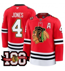 Men Chicago Blackhawks 4 Seth Jones Red 2025 Home 100th Anniversary With A Patch Stitched Hockey Jersey Men Chicago Blackhawks 4 Seth Jones Red 2025 Home 100th Anniversary With A Patch Stitched Hockey Jersey