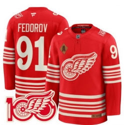 Men Detroit Red Wings 91 Sergei Fedorov Red 2025 Centennial Premium With 100 and P Patch And A Patch Stitched Hockey Jersey