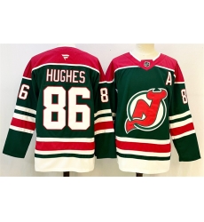 Men New Jersey Devils 86 Jack Hughes Green Red 2024 25 With A Patch Stitched Hockey Jersey