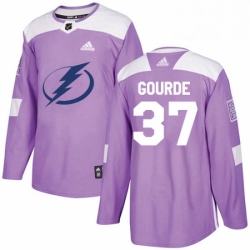 Mens Adidas Tampa Bay Lightning 37 Yanni Gourde Authentic Purple Fights Cancer Practice NHL Jersey 