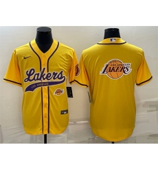 Men Los Angeles Lakers Yellow Team Big Logo With Patch Cool Base Stitched Baseball Jersey Men Los Angeles Lakers Yellow Team Big Logo With Patch Cool Base Stitched Baseball Jersey