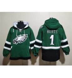 Men Philadelphia Eagles 1 Jalen Hurts Green Lace Up Pullover Hoodie Men Philadelphia Eagles 1 Jalen Hurts Green Lace Up Pullover Hoodie