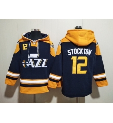Men Utah Jazz 12 John Stockton Navy Yellow Lace Up Pullover Hoodie Men Utah Jazz 12 John Stockton Navy Yellow Lace Up Pullover Hoodie