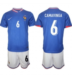 Men France 6 Eduardo Camavinga Blue 2024 25 Home Soccer Jersey Suit