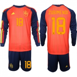 Spain 2026 FIFA World Cup Soccer Jersey Red LONG #18 ZUBIMENDI