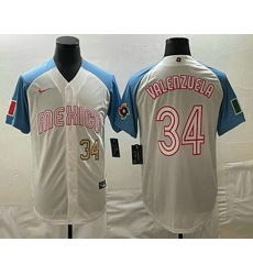 Men's Mexico Baseball #34 Fernando Valenzuela Number 2023 White Blue World Classic Stitched Jersey Men's Mexico Baseball #34 Fernando Valenzuela Number 2023 White Blue World Classic Stitched Jersey