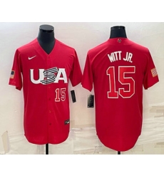 Men USA Baseball #15 Bobby Witt Jr Number 2023 Red World Baseball Classic Stitched Jersey1 Men USA Baseball #15 Bobby Witt Jr Number 2023 Red World Baseball Classic Stitched Jersey1