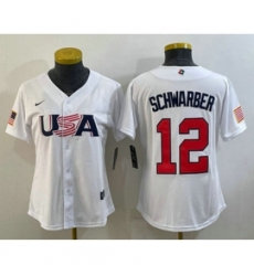 Womens USA Baseball 12 Kyle Schwarber 2023 White World Classic Stitched Jersey Womens USA Baseball 12 Kyle Schwarber 2023 White World Classic Stitched Jersey