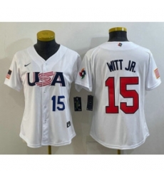 Womens USA Baseball 15 Bobby Witt Jr Number 2023 White World Classic Replica Stitched Jersey Womens USA Baseball 15 Bobby Witt Jr Number 2023 White World Classic Replica Stitched Jersey