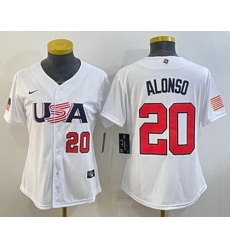 Womens USA Baseball #20 Pete Alonso Number 2023 White World Classic Stitched Jersey Womens USA Baseball #20 Pete Alonso Number 2023 White World Classic Stitched Jersey