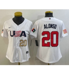 Women's USA Baseball #20 Pete Alonso Number 2023 White World Classic Stitched Jerseys Women's USA Baseball #20 Pete Alonso Number 2023 White World Classic Stitched Jerseys