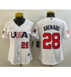 Womens USA Baseball 28 Nolan Arenado Number 2023 White World Classic Replica Stitched Jersey Womens USA Baseball 28 Nolan Arenado Number 2023 White World Classic Replica Stitched Jersey