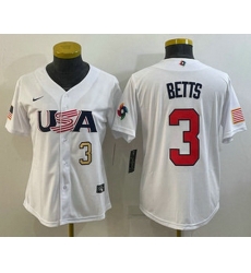 Women's USA Baseball #3 Mookie Betts Number 2023 White World Classic Replica Stitched Jersey Women's USA Baseball #3 Mookie Betts Number 2023 White World Classic Replica Stitched Jersey