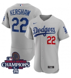 Men Nike Los Angeles Dodgers Clayton Kershaw #22 Gray Flex Base 2024 World Series Champions Stitched MLB Jersey Men Nike Los Angeles Dodgers Clayton Kershaw #22 Gray Flex Base 2024 World Series Champions Stitched MLB Jersey