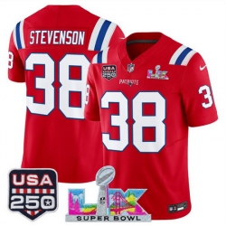 Men New England Patriots 38 Rhamondre Stevenson Red 2025 F U S E  Super Bowl LX Patch And USA 250 27 Patch Vapor Limited Football Stitched Jersey
