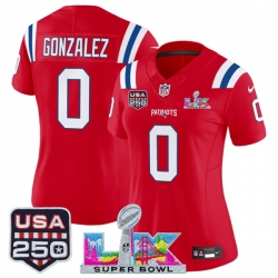 Women New England Patriots 0 Christian Gonzalez Red 2025 F U S E  Super Bowl LX Patch And USA 250 27 Patch Vapor Limited Football Stitched Jersey 