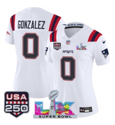 Women New England Patriots 0 Christian Gonzalez White 2025 F U S E  Super Bowl LX Patch And USA 250 27 Patch Vapor Limited Football Stitched Jersey 
