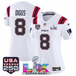 Women New England Patriots 8 Stefon Diggs White 2025 F U S E  Super Bowl LX Patch And USA 250 27 Patch Vapor Limited Football Stitched Jersey 