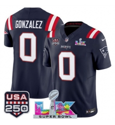Youth New England Patriots 0 Christian Gonzalez Navy 2025 F U S E  Super Bowl LX Patch And USA 250 27 Patch Vapor Limited Stitched Football Jersey