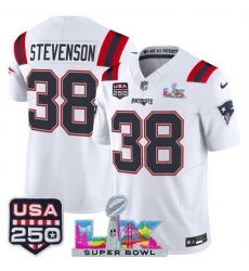 Youth New England Patriots 38 Rhamondre Stevenson White 2025 F U S E  Super Bowl LX Patch And USA 250 27 Patch Vapor Limited Stitched Football Jersey