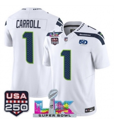 Men Seattle Seahawks 1 Pete Carroll White 2025 F U S E Super Bowl LX Patch And 50th Season USA 250 Patch Vapor Limited Football Stitched Jersey Men Seattle Seahawks 1 Pete Carroll White 2025 F U S E Super Bowl LX Patch And 50th Season USA 250 Patch Vapor Limited Football Stitched Jersey