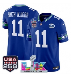 Men Seattle Seahawks 11 Jaxon Smith Njigba Royal 2025 F U S E Super Bowl LX Patch And 50th Season USA 250 Patch Vapor Throwback Limited Stitched Football Men Seattle Seahawks 11 Jaxon Smith Njigba Royal 2025 F U S E Super Bowl LX Patch And 50th Season USA 250 Patch Vapor Throwback Limited Stitched Football