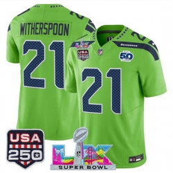 Men Seattle Seahawks 21 Devon Witherspoon Green 2025 F U S E  Super Bowl LX Patch And 50th Season  USA 250 Patch Vapor Limited Football Stitched Jersey