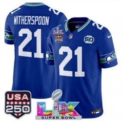 Men Seattle Seahawks 21 Devon Witherspoon Royal 2025 F U S E  Super Bowl LX Patch And 50th Season  USA 250 Patch Vapor Throwback Limited Stitched Football 
