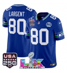 Men Seattle Seahawks 80 Steve Largent Royal 2025 F U S E  Super Bowl LX Patch And 50th Season  USA 250 Patch Vapor Throwback Limited Stitched Football Jers