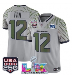 Youth Seattle Seahawks 12 Fan Gray 2025 F U S E  Super Bowl LX  26 US 250th anniversary Patch And 50th Season Patch  Rivalries Vapor Limited Stitched Footb
