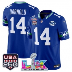 Youth Seattle Seahawks 14 Sam Darnold Royal 2025 F U S E  Super Bowl LX Patch And 50th Season  USA 250 Patch Vapor Throwback Limited Stitched Football Jers