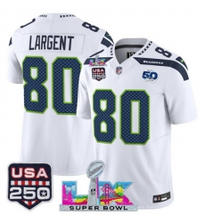 Youth Seattle Seahawks 80 Steve Largent White 2025 F U S E  Super Bowl LX Patch And 50th Season  USA 250 Patch Vapor Limited Stitched Football Jersey