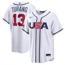 Men USA Baseball  13 Brice Turang White 2026 World Baseball Classic Home Stadium Stitched Jersey