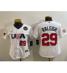 Women USA Baseball  29 Cal Raleigh White 2026 World Baseball Classic United States 250th Anniversary Patch Stadium Stitched Baseball Jersey Run Small 